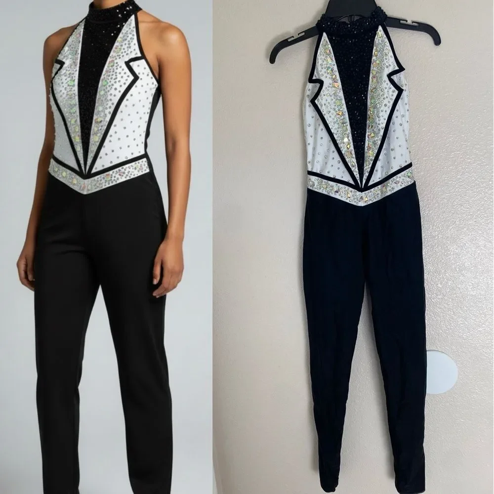 Glamour solo dance costume white black tux jumpsuit embellished LC-large child